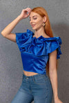 Cropped Ruffle Boat Neck Short Sleeve Blouse Blouses - Tophatter Daily Deals