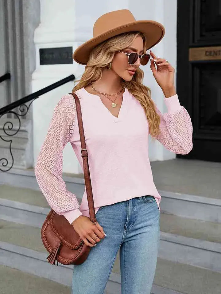 Notched Neck Raglan Sleeve Blouse Blush Pink Blouses - Tophatter Daily Deals