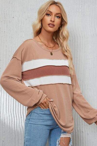 Ribbed Color Block Exposed Seam Round Neck Blouse Blouses - Tophatter Daily Deals