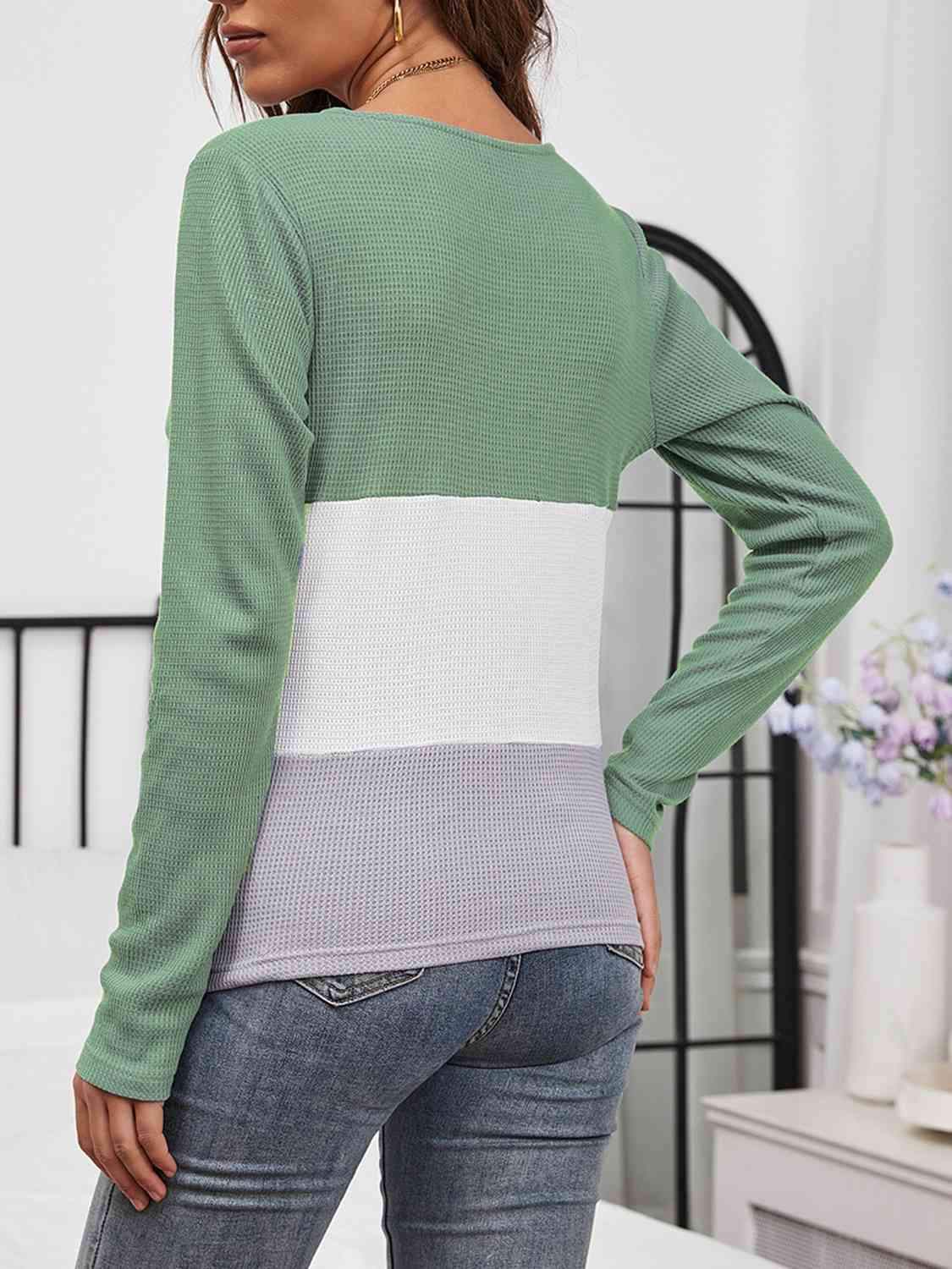 Color Block Long Sleeve Top Blouses - Tophatter Daily Deals