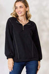 BiBi Half Zip Brushed Terry Long Sleeve Top Black Blouses - Tophatter Daily Deals