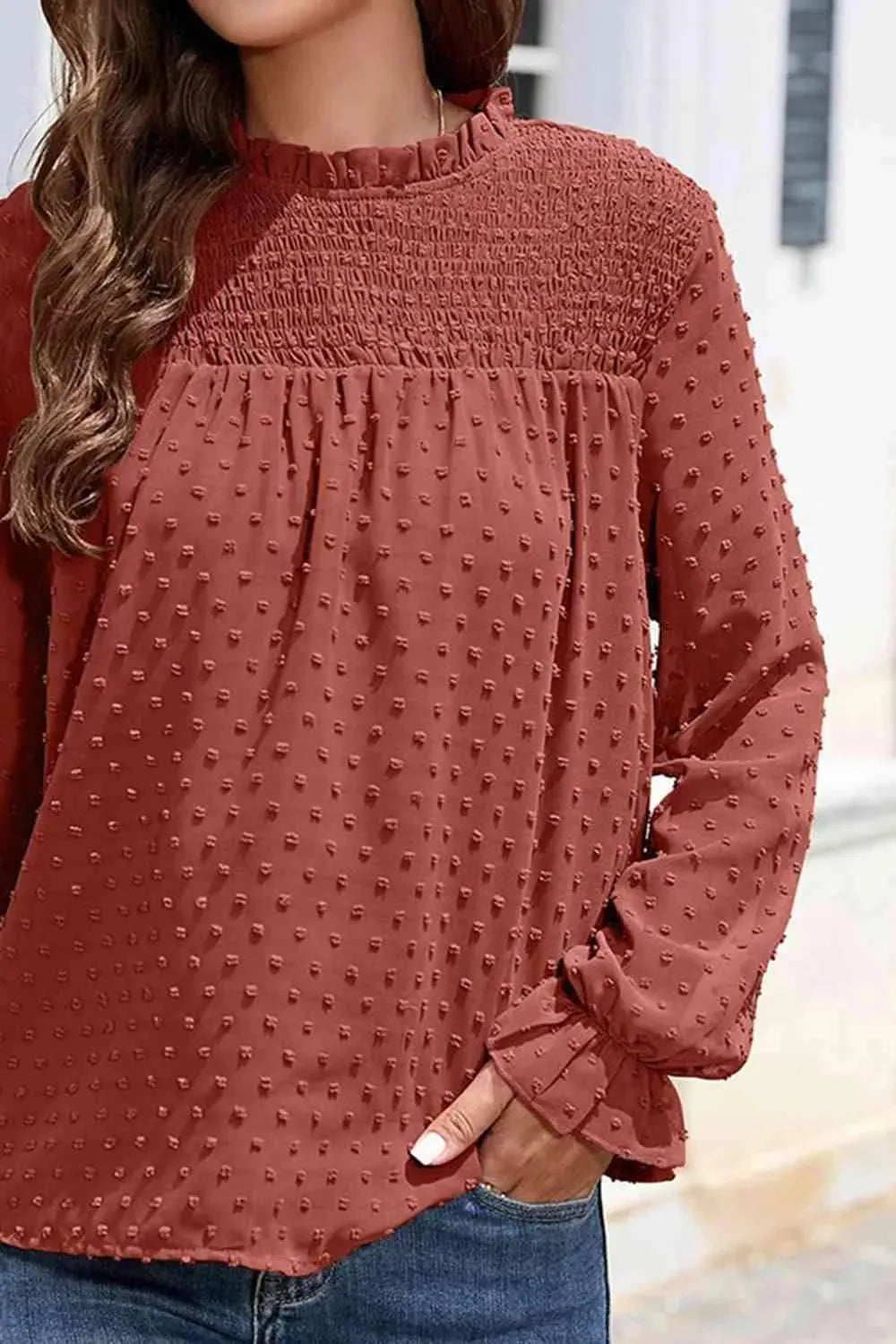 Smocked Mock Neck Swiss Dot Top Blouses - Tophatter Daily Deals