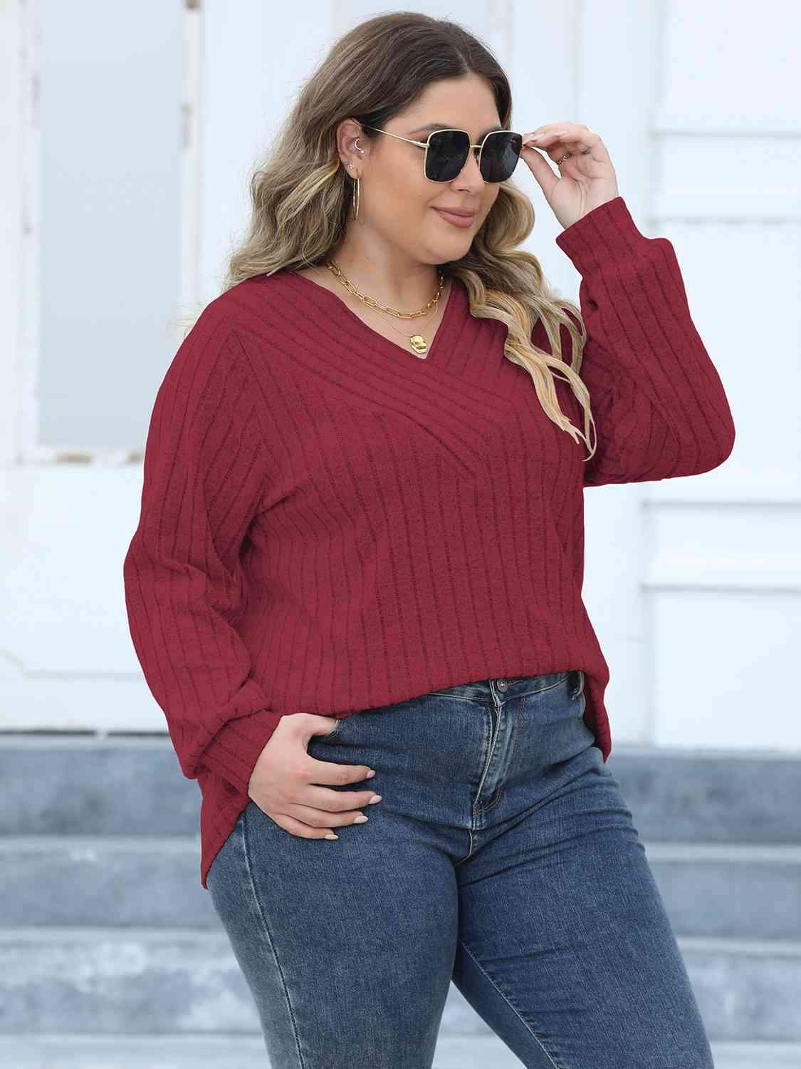 Plus Size Ribbed V-Neck Long Sleeve Top Women's T-Shirts - Tophatter Daily Deals