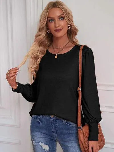 Round Neck Lantern Sleeve Blouse Black Blouses - Tophatter Daily Deals