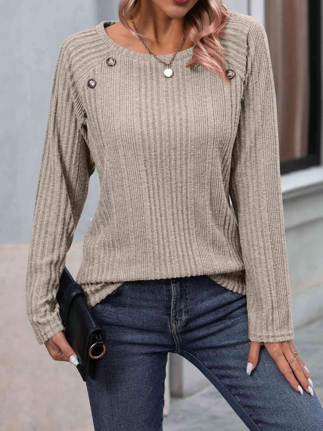 Ribbed Buttoned Round Neck Long Sleeve T-Shirt Women's T-Shirts - Tophatter Daily Deals