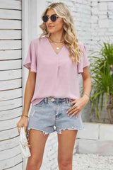 V-Neck Flutter Sleeve Blouse Dusty Pink Blouses - Tophatter Daily Deals