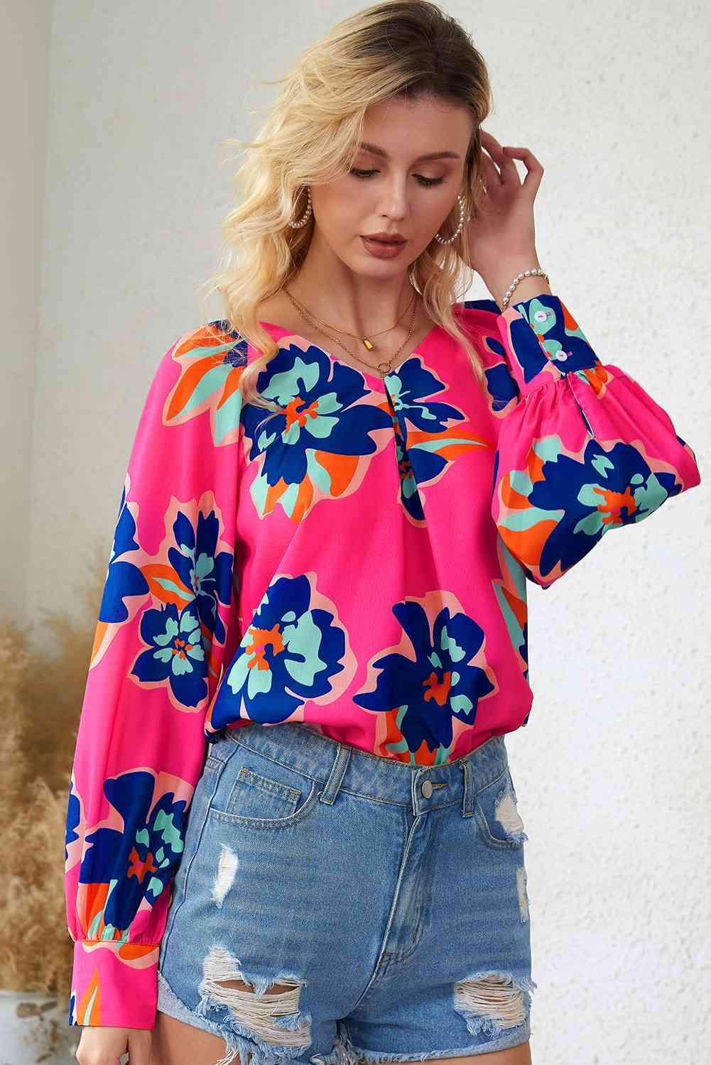 Floral Print V-Neck Lantern Sleeve Blouse Blouses - Tophatter Daily Deals