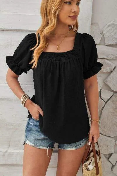 Swiss Dot Smocked Square Neck Short Sleeve T-Shirt Black Women's T-Shirts - Tophatter Daily Deals