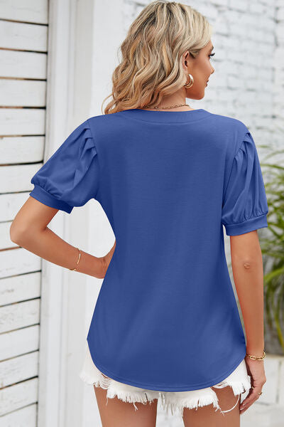 Notched Ruched Short Sleeve T-Shirt Women's T-Shirts - Tophatter Daily Deals