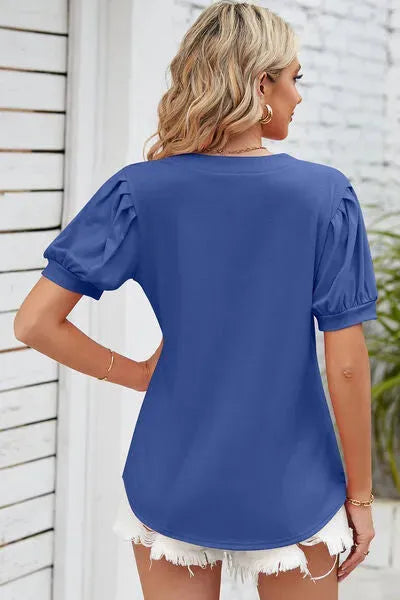 Notched Ruched Short Sleeve T-Shirt Women's T-Shirts - Tophatter Daily Deals