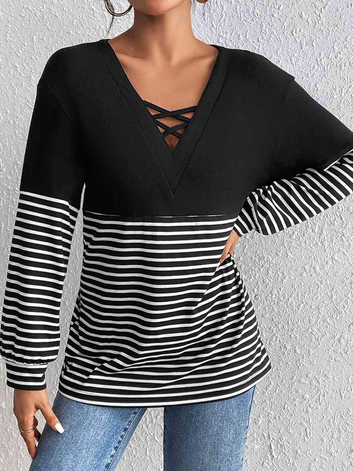 Striped Crisscross V-Neck Long Sleeve T-Shirt Women's T-Shirts - Tophatter Daily Deals