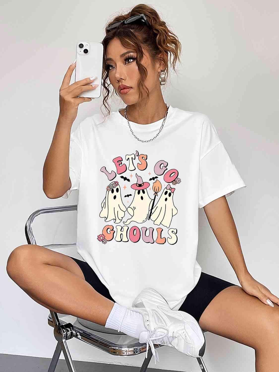 Round Neck Short Sleeve LET'S GO GHOULS Graphic T-Shirt White Women's T-Shirts - Tophatter Daily Deals