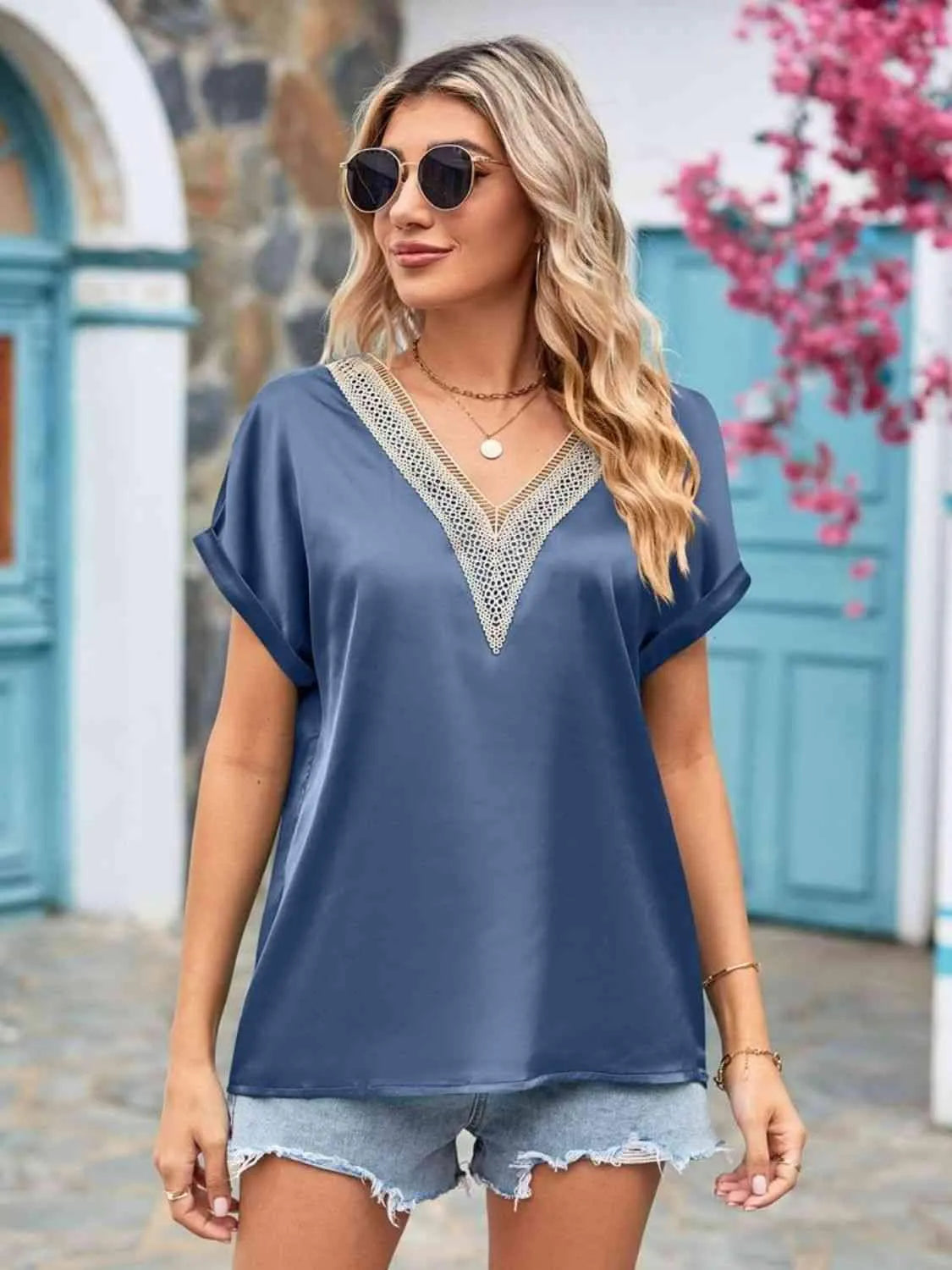 V-Neck Cuffed Blouse Dusty Blue Blouses - Tophatter Daily Deals