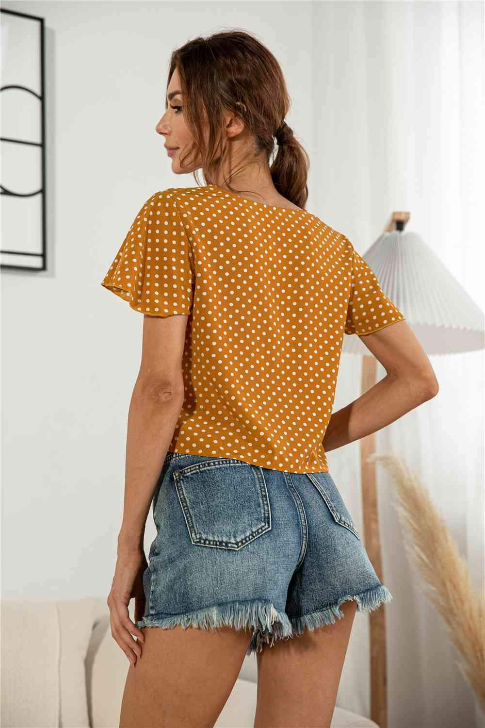 Decorative Button V-Neck Tied Blouse Blouses - Tophatter Daily Deals