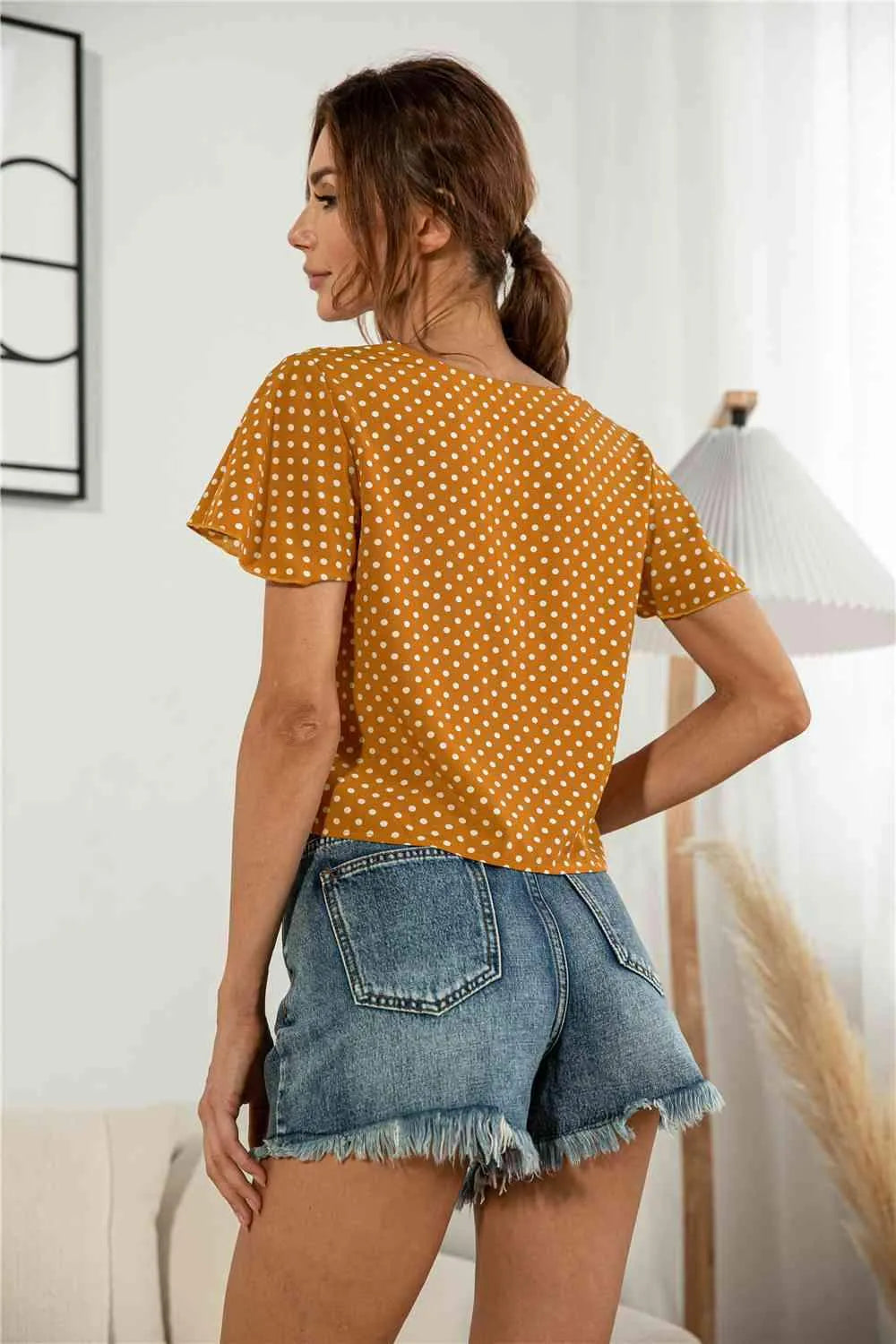 Decorative Button V-Neck Tied Blouse Blouses - Tophatter Daily Deals