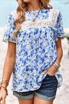 Floral Round Neck Spliced Lace Blouse Cobalt Blue Blouses - Tophatter Daily Deals