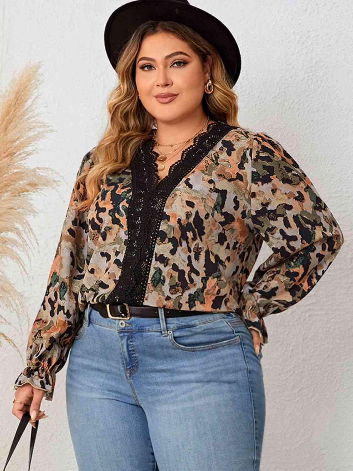 Plus Size Lace Trim Flounce Sleeve Blouse Leopard Blouses - Tophatter Daily Deals