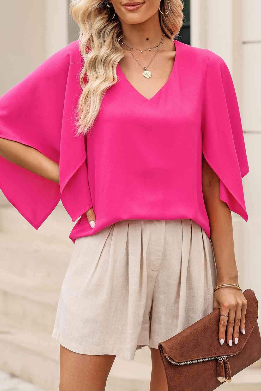 V-Neck Cloak Sleeve Blouse Hot Pink Blouses - Tophatter Daily Deals