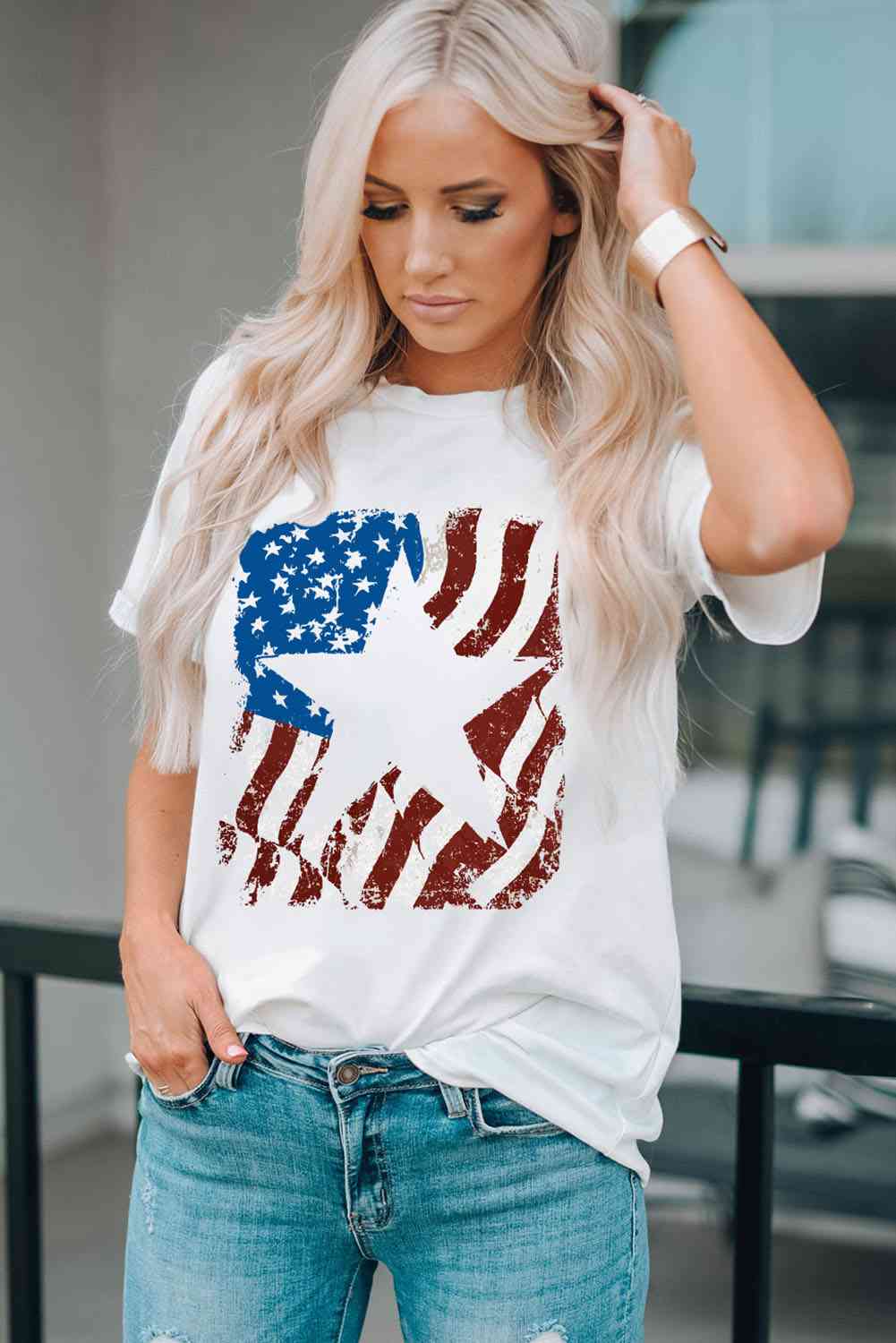 US Flag Graphic Round Neck Tee Women's T-Shirts - Tophatter Daily Deals