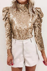 Sequin Mock Neck Leg-Of-Mutton Sleeve Top Gold Blouses - Tophatter Daily Deals