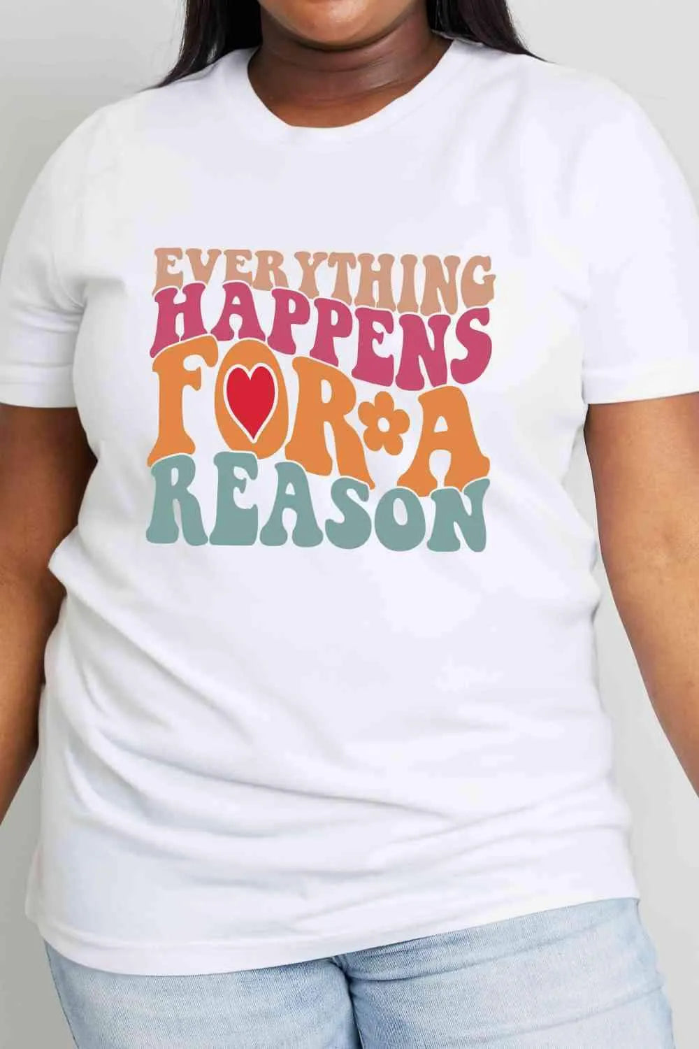 Simply Love Full Size EVERYTHING HAPPENS FOR A REASON Graphic Cotton T-Shirt Bleach Women's T-Shirts - Tophatter Daily Deals
