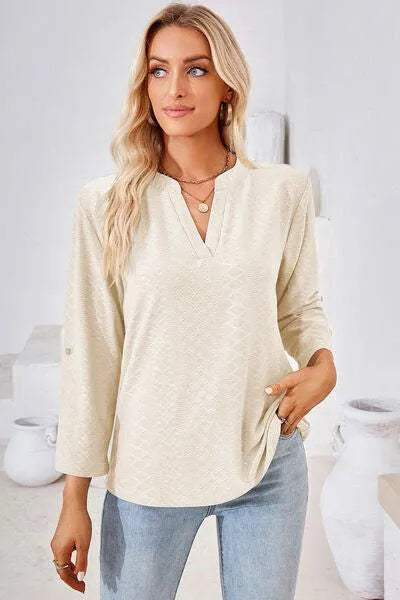 Notched Roll-Tab Sleeve T-Shirt Cream Women's T-Shirts - Tophatter Daily Deals