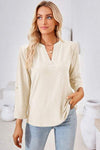 Notched Roll-Tab Sleeve T-Shirt Cream Women's T-Shirts - Tophatter Daily Deals