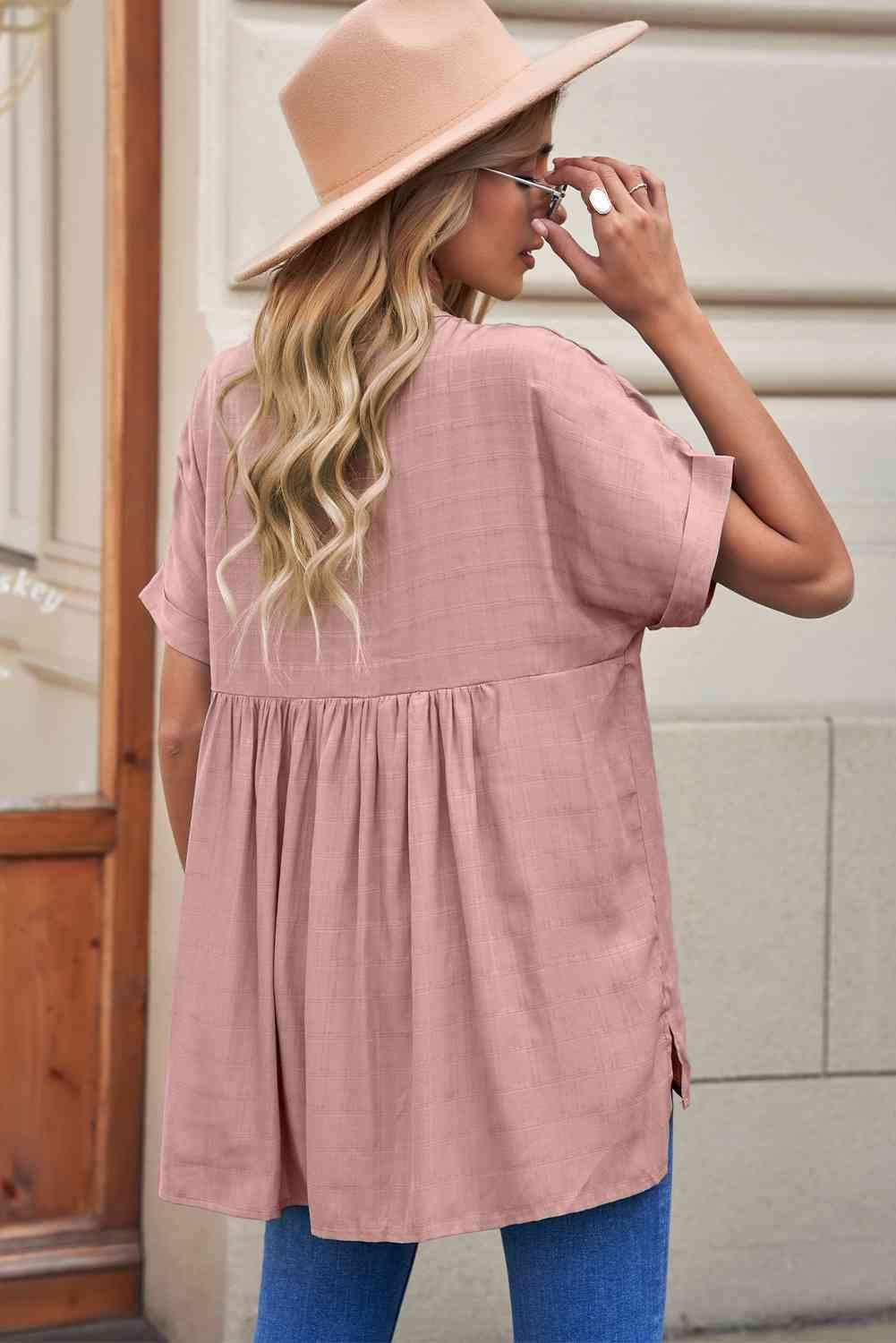 Notched Side Slit Cuffed Blouse Blouses - Tophatter Daily Deals