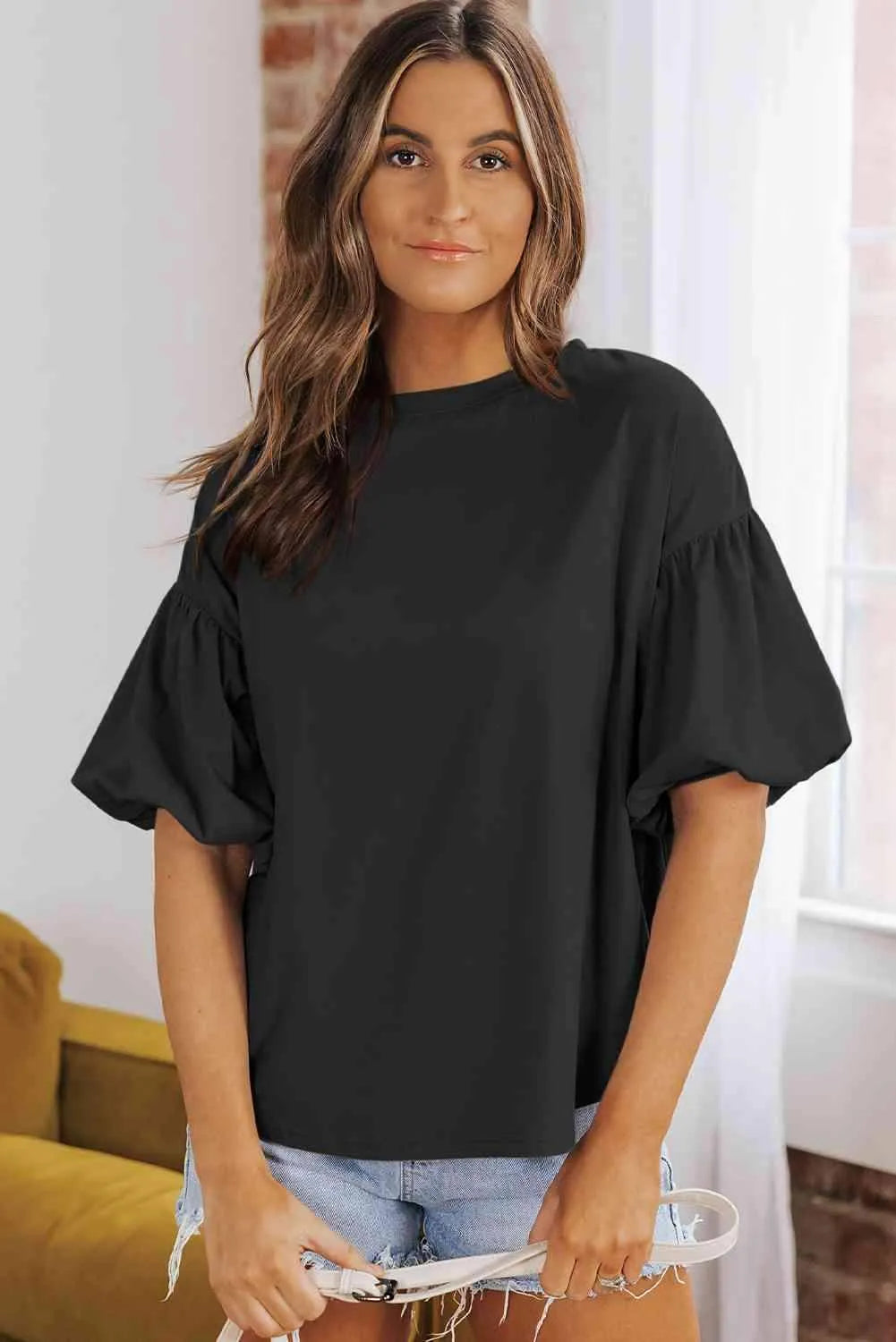 Puff Sleeve Curved Hem Blouse Blouses - Tophatter Daily Deals
