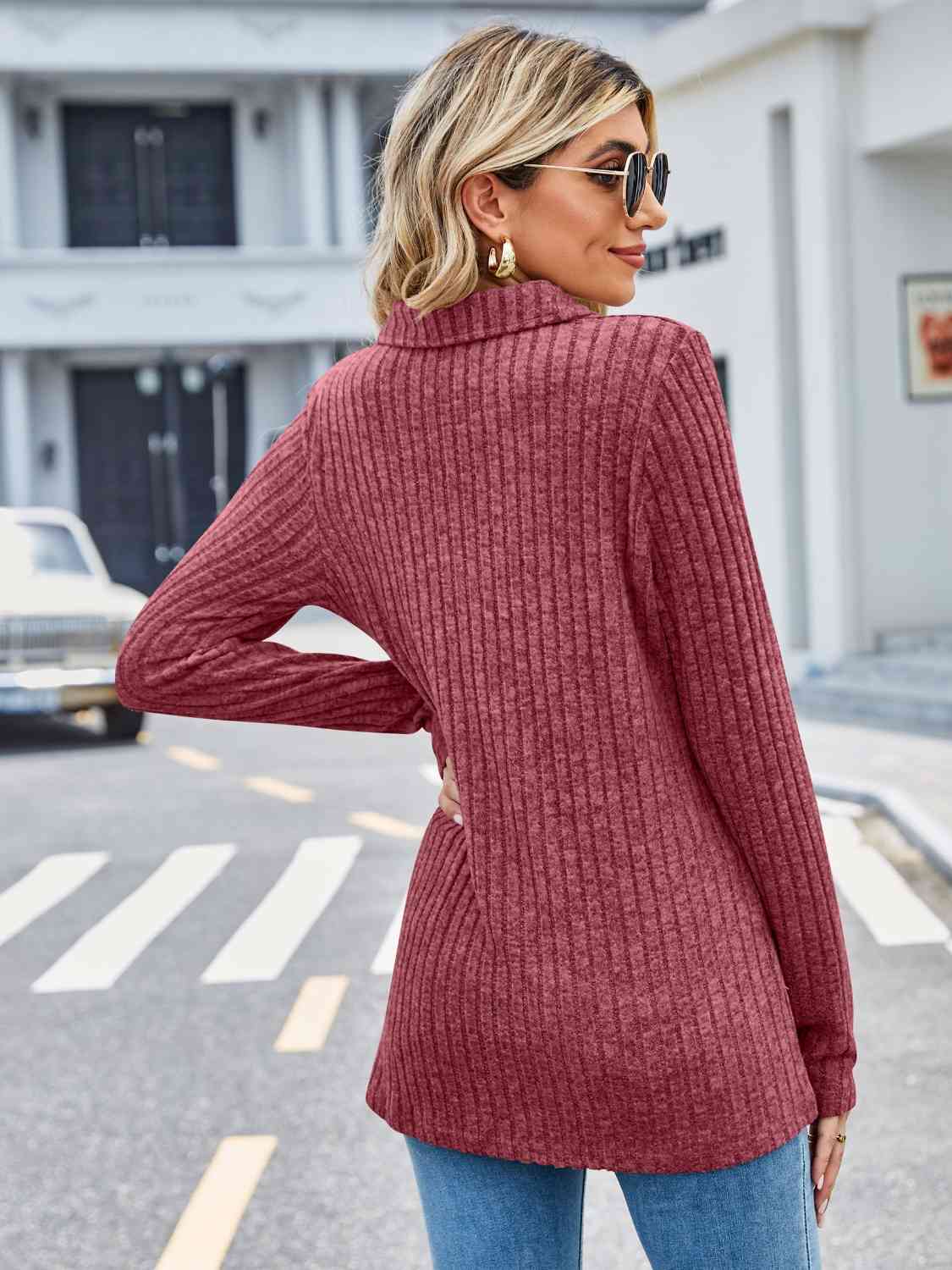 Ribbed Notched Long Sleeve T-Shirt with Pocket Women's T-Shirts - Tophatter Daily Deals