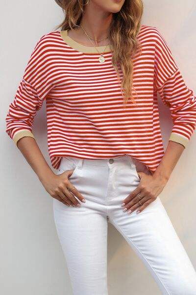 Striped Round Neck Drop Shoulder T-Shirt Blouses - Tophatter Daily Deals