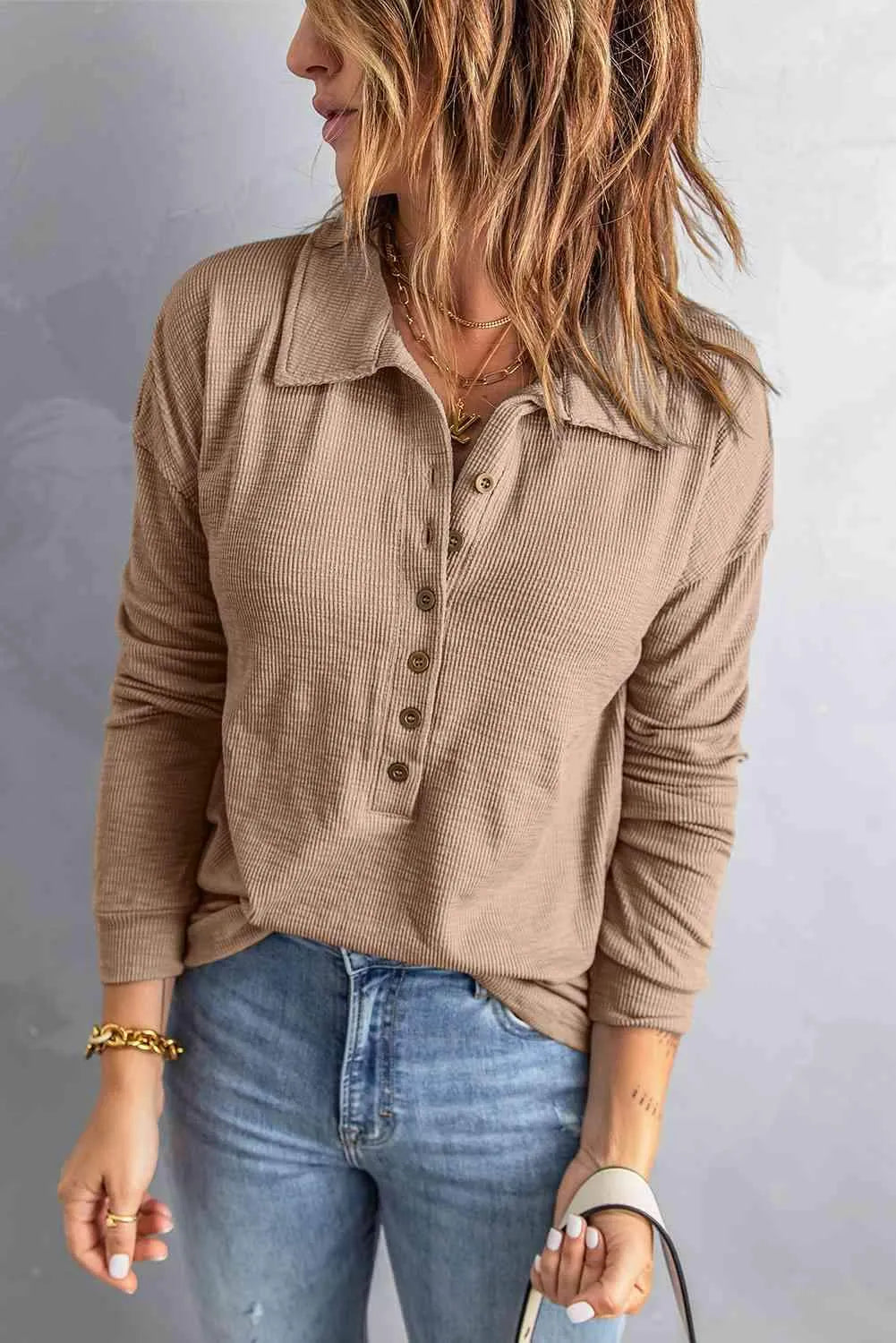 Half Button Collared Knit Top Blouses - Tophatter Daily Deals