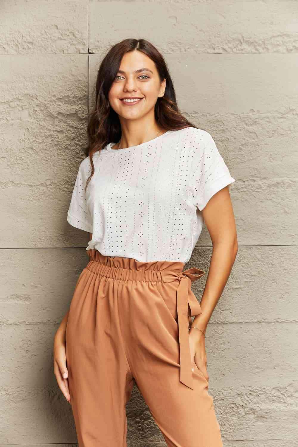 Eyelet Short Sleeve Blouse White Blouses - Tophatter Daily Deals