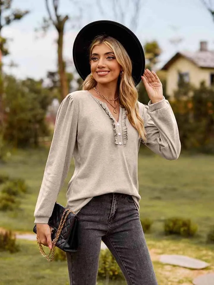 Puff Sleeve Ruffle Trim Blouse Blouses - Tophatter Daily Deals