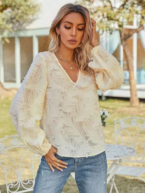 V-Neck Long Sleeve Blouse Blouses - Tophatter Daily Deals