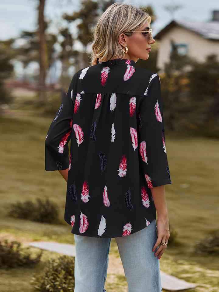 Printed Roll-Tab Sleeve Notched Neck Blouse Blouses - Tophatter Daily Deals