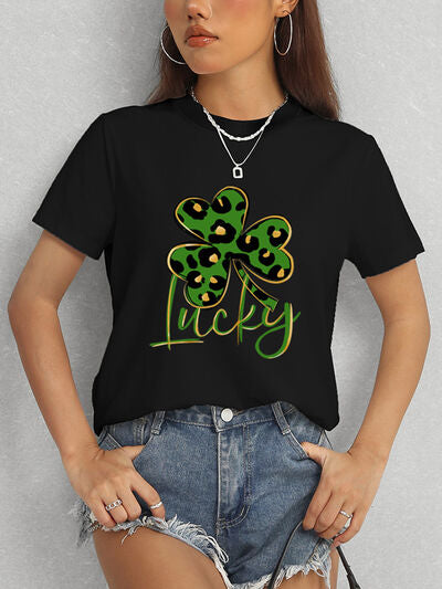 Lucky Clover Round Neck Short Sleeve T-Shirt Women's T-Shirts - Tophatter Daily Deals