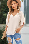 Gathered Detail Notched Neck Flutter Sleeve Top Blouses - Tophatter Daily Deals