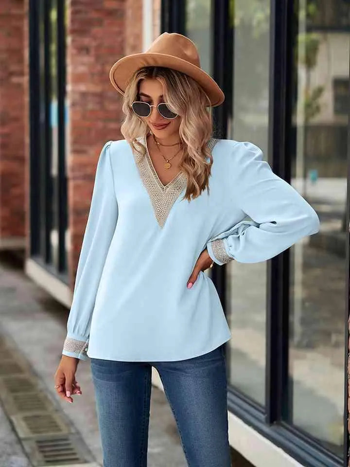 V-Neck Long Sleeve Blouse Blouses - Tophatter Daily Deals