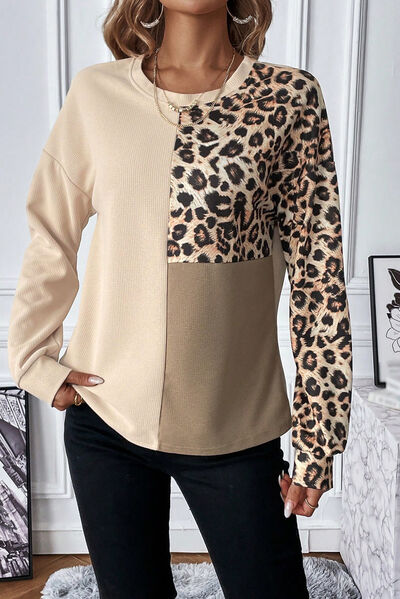 Leopard Waffle Knit Long Sleeve T-Shirt Sand Women's T-Shirts - Tophatter Daily Deals