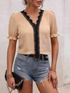 Contrast V-Neck Flounce Sleeve Blouse Blouses - Tophatter Daily Deals