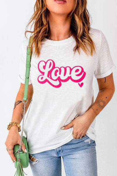 LOVE Round Neck Short Sleeve T-Shirt White Women's T-Shirts - Tophatter Daily Deals