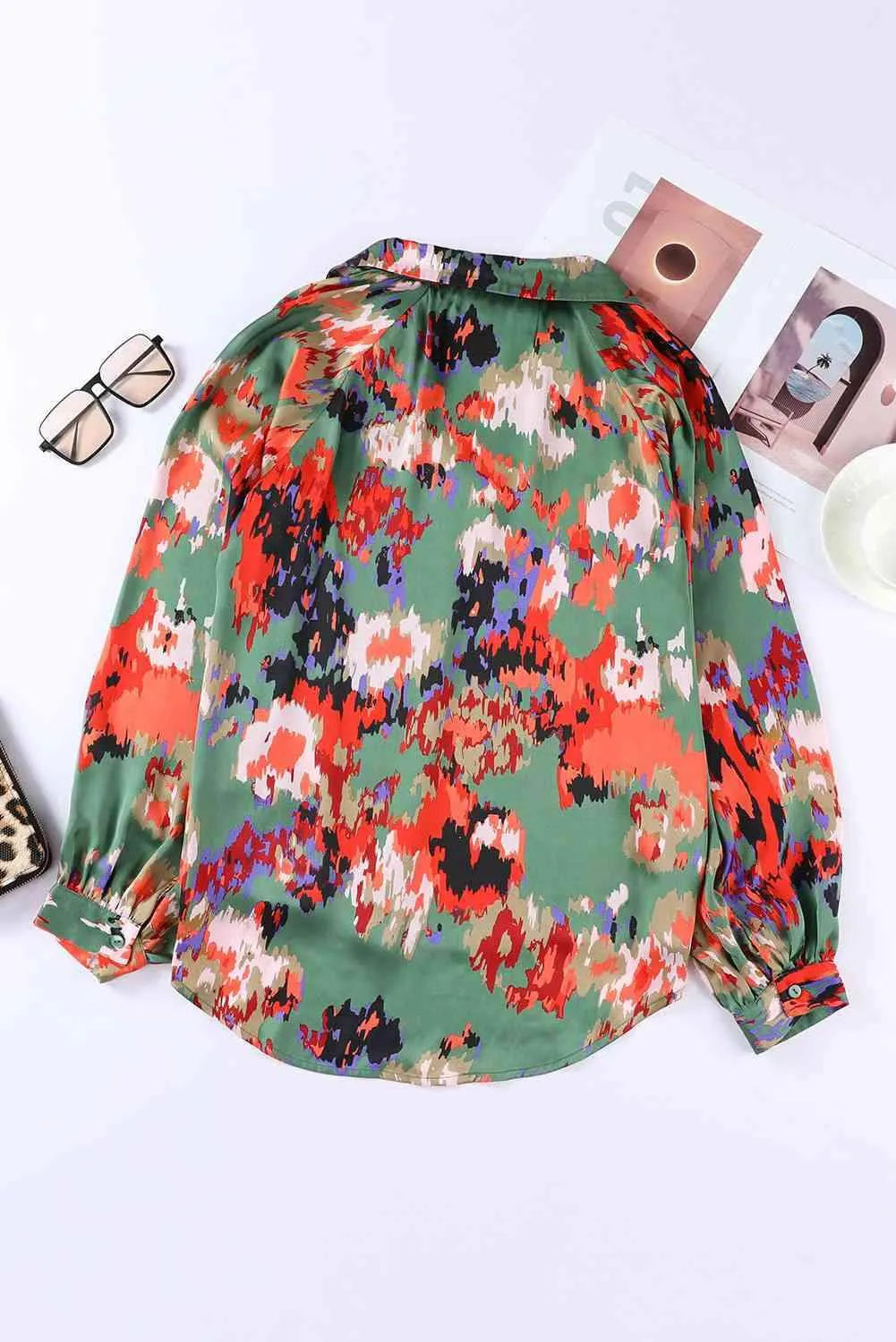 Printed Johnny Collar Raglan Sleeve Blouse Blouses - Tophatter Daily Deals