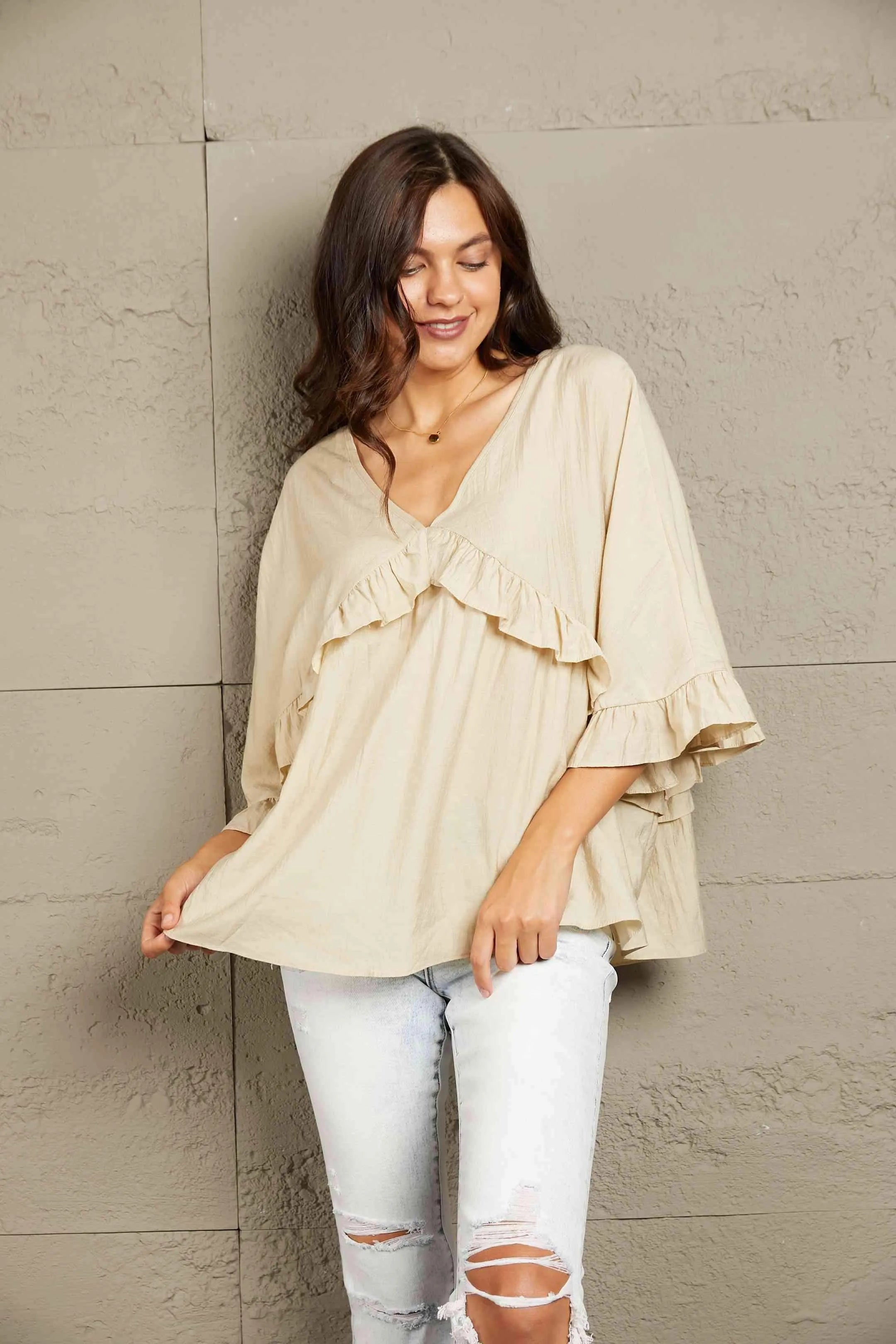 Double Take Ruffled V-Neck Half Sleeve Blouse Blouses - Tophatter Daily Deals