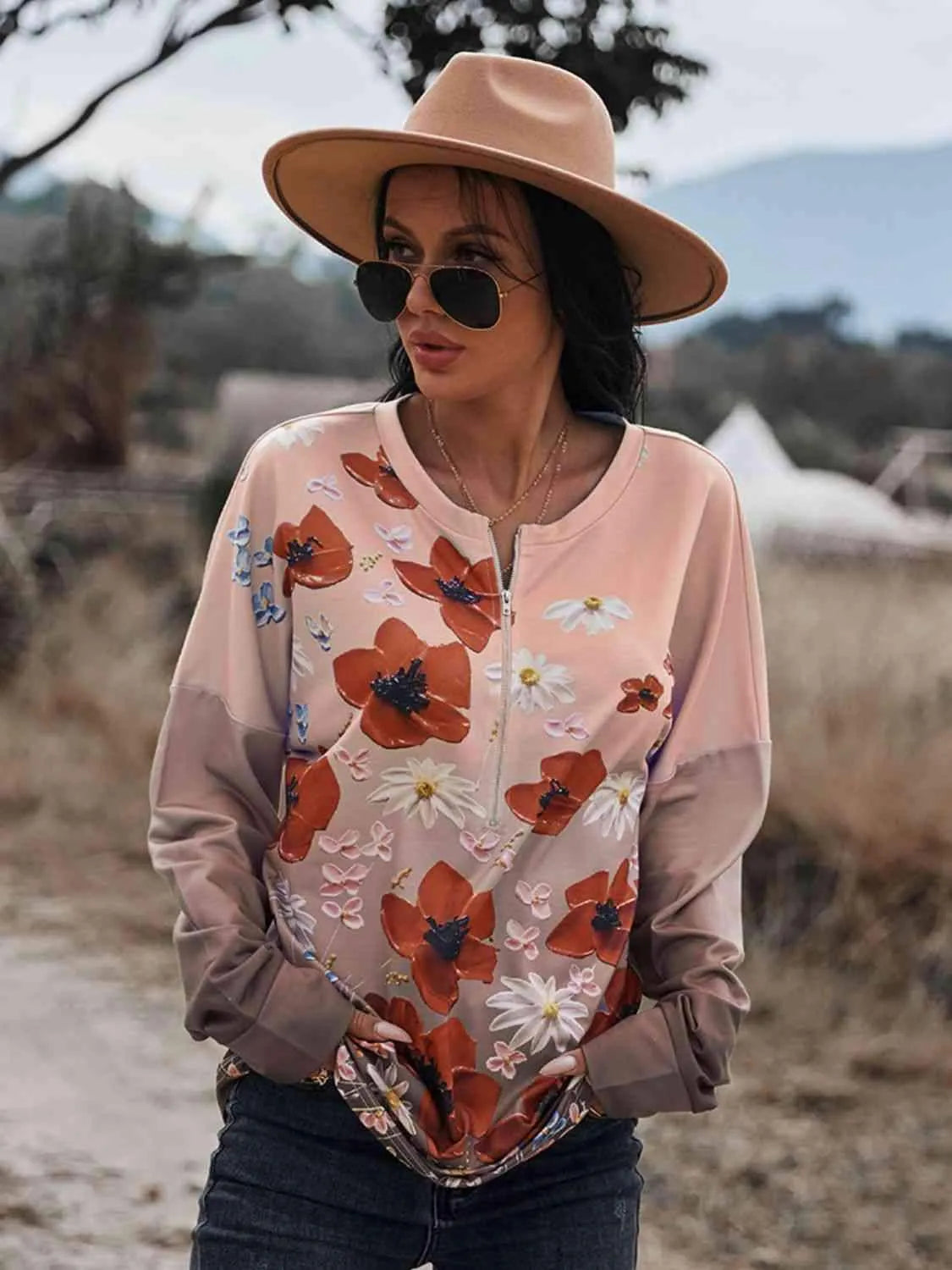 Floral Print Front Zipper Drop Shoulder Blouse Peach Blouses - Tophatter Daily Deals