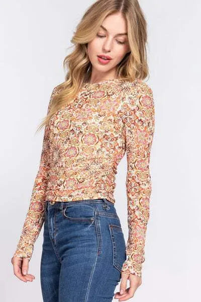 ACTIVE BASIC Ruched Printed Long Sleeve Top Blouses - Tophatter Daily Deals