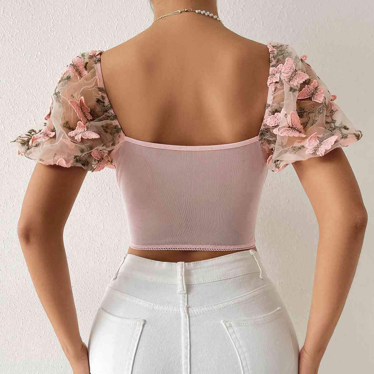 Embroidery Sweetheart Neck Short Sleeve Lace Trim Blouse Blouses - Tophatter Daily Deals