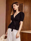 Surplice Neck Tie Waist Puff Sleeve Blouse Blouses - Tophatter Daily Deals