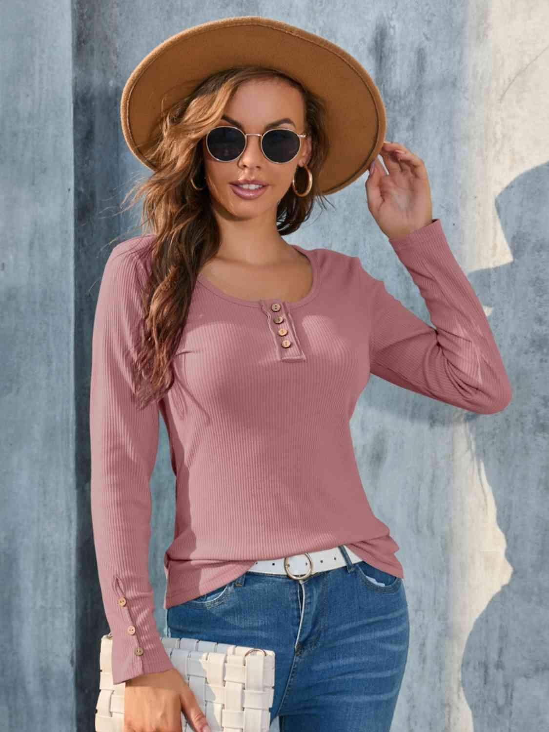 Buttoned Round Neck Long Sleeve T-Shirt Blush Pink Women's T-Shirts - Tophatter Daily Deals