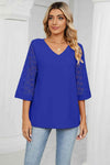 V-Neck Three-Quarter Sleeve Top Royal Blue Women's T-Shirts - Tophatter Daily Deals